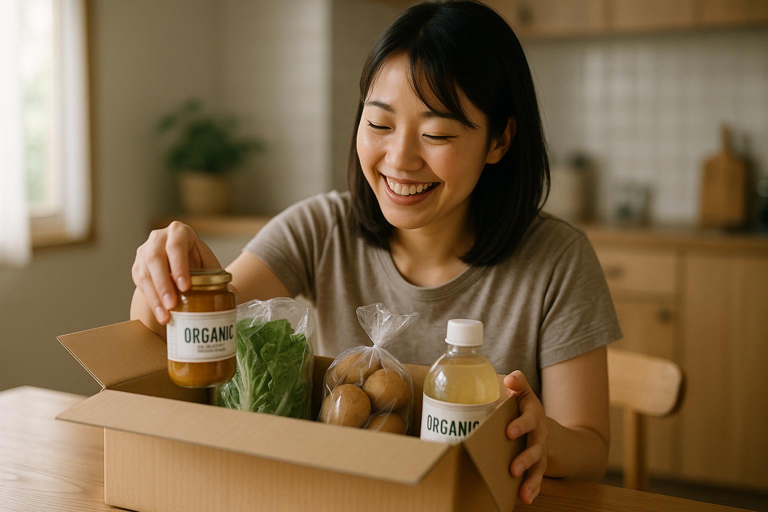 オーガニック製品を開封して喜ぶ女性