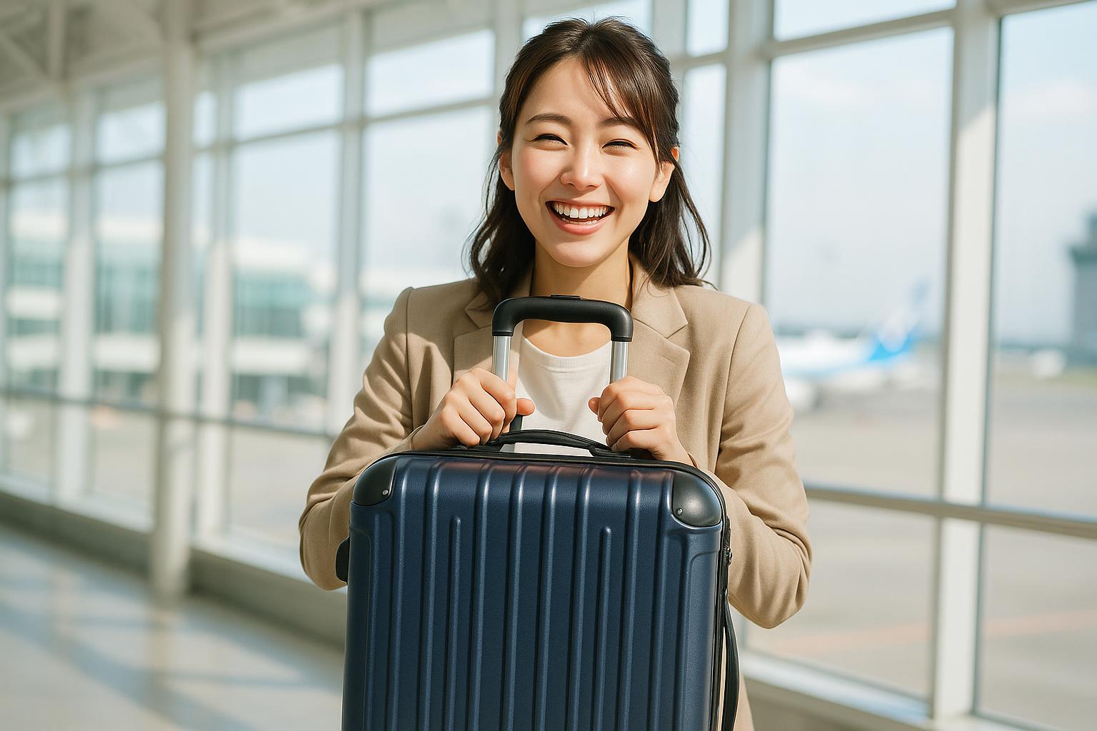 スーツケースを持って笑顔の女性