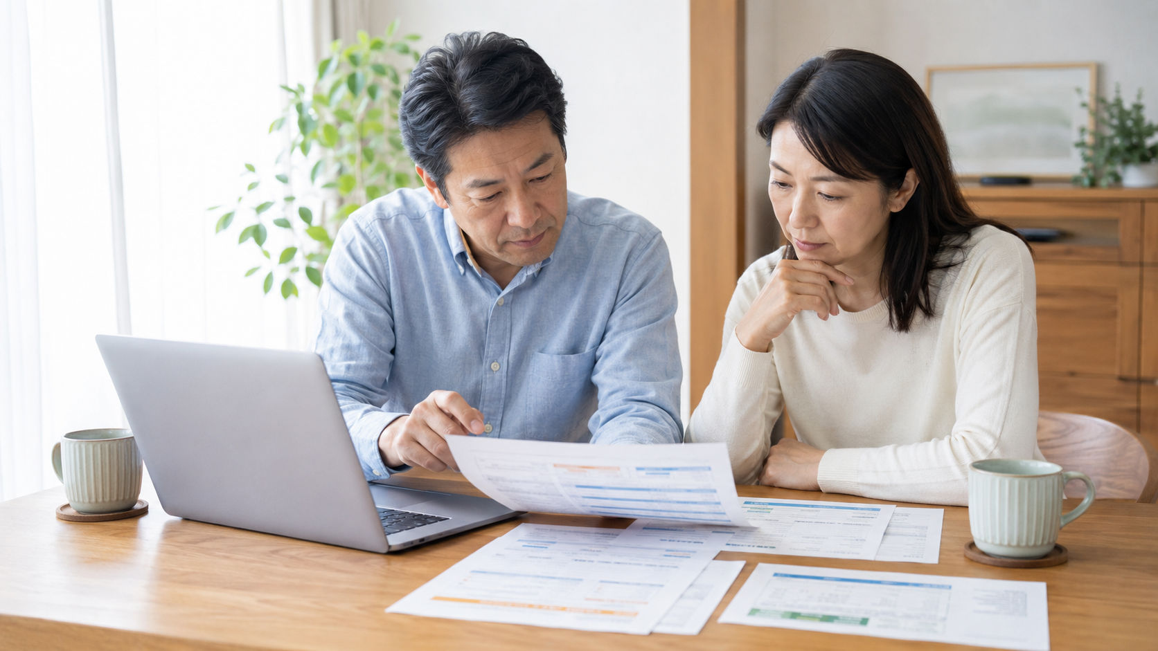見積書を見ながらエコキュート交換業者を比較する夫婦