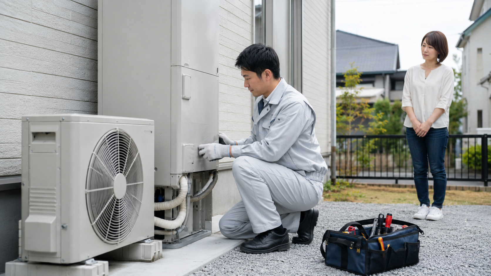 屋外のエコキュート設備を点検する専門スタッフ